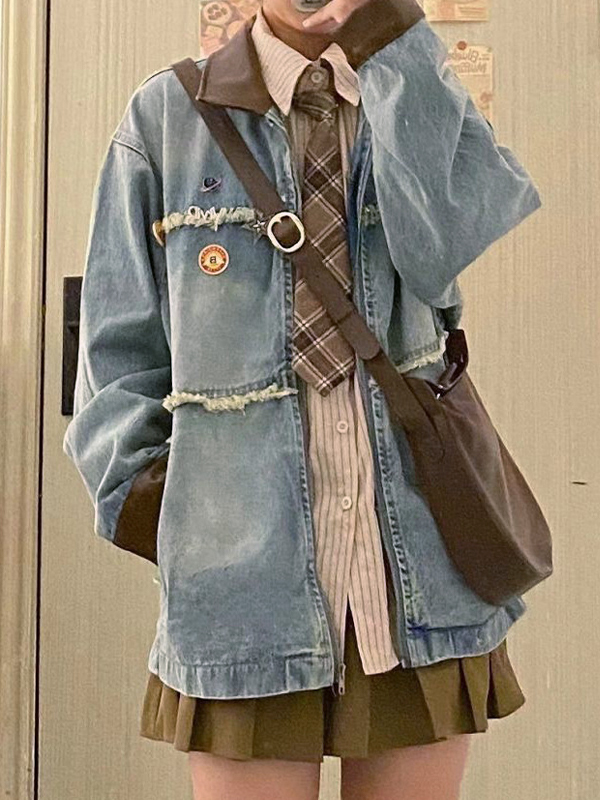 Vintage-Jeansjacke mit kontrastierendem Splice und rohem Rand und Reißverschluss-1