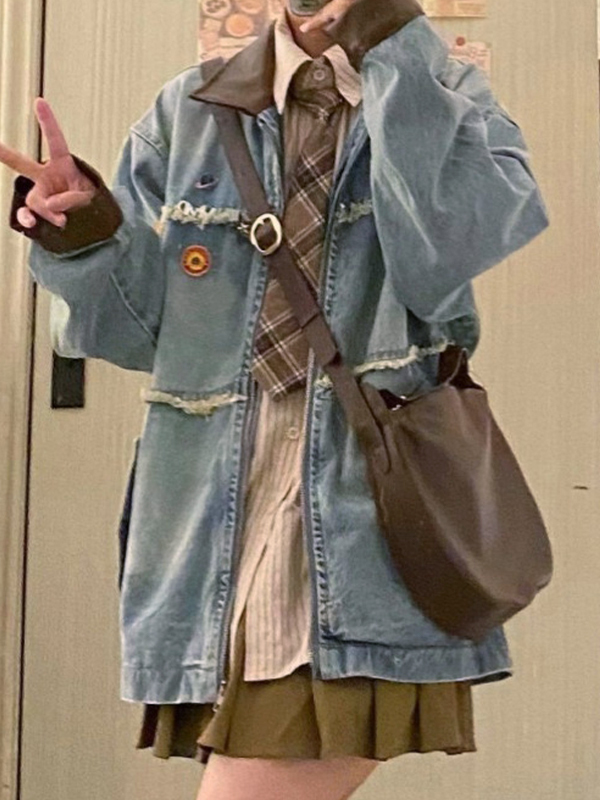 Vintage-Jeansjacke mit kontrastierendem Splice und rohem Rand und Reißverschluss-2
